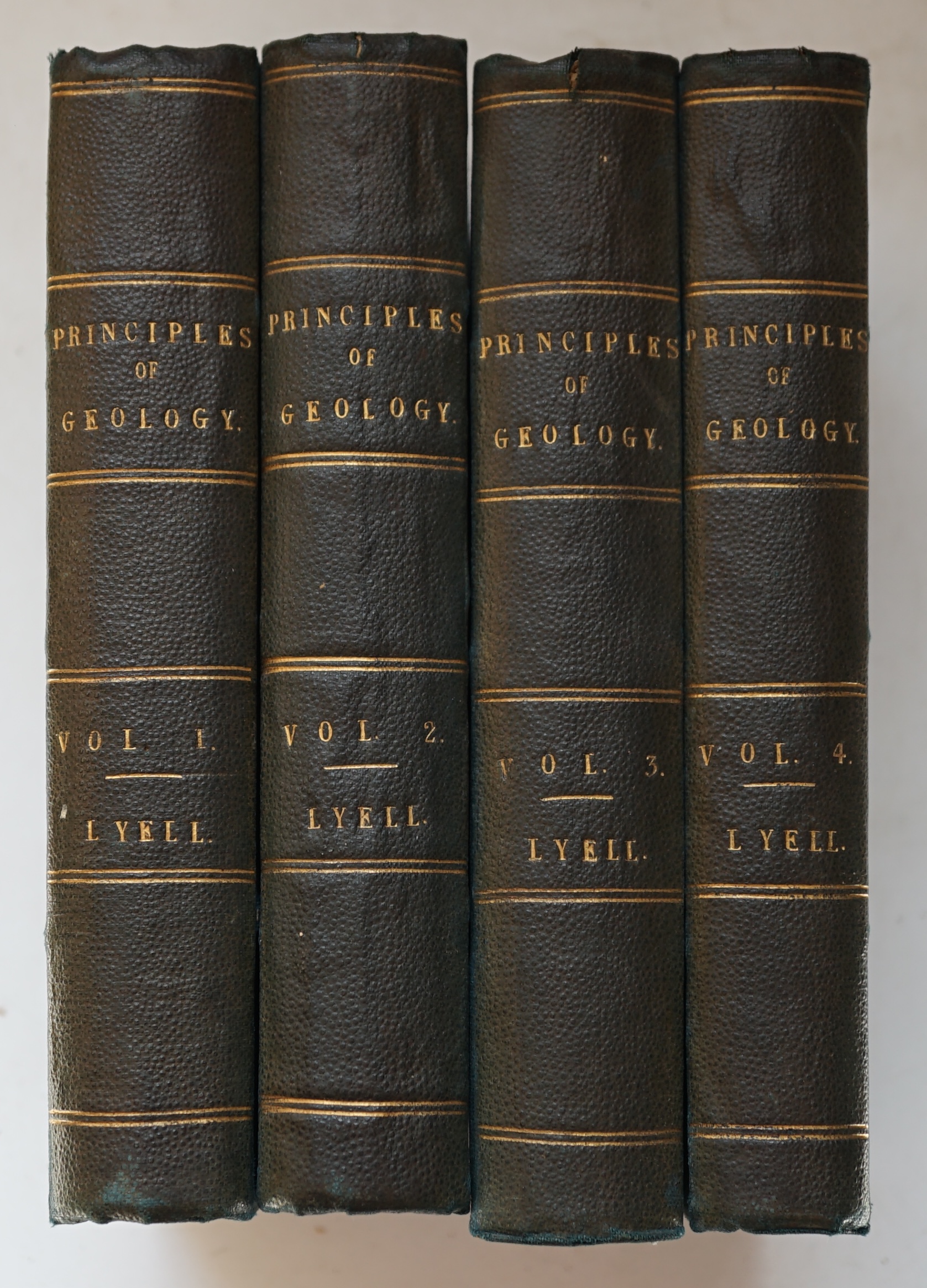 Lyell, Charles - Principles of Geology: being an inquiry how far the former changes of the Earth's surface are referable to causes now in operation, 4 volumes, 3rd edition, 8vo, green cloth with gilt spine lettering, 183